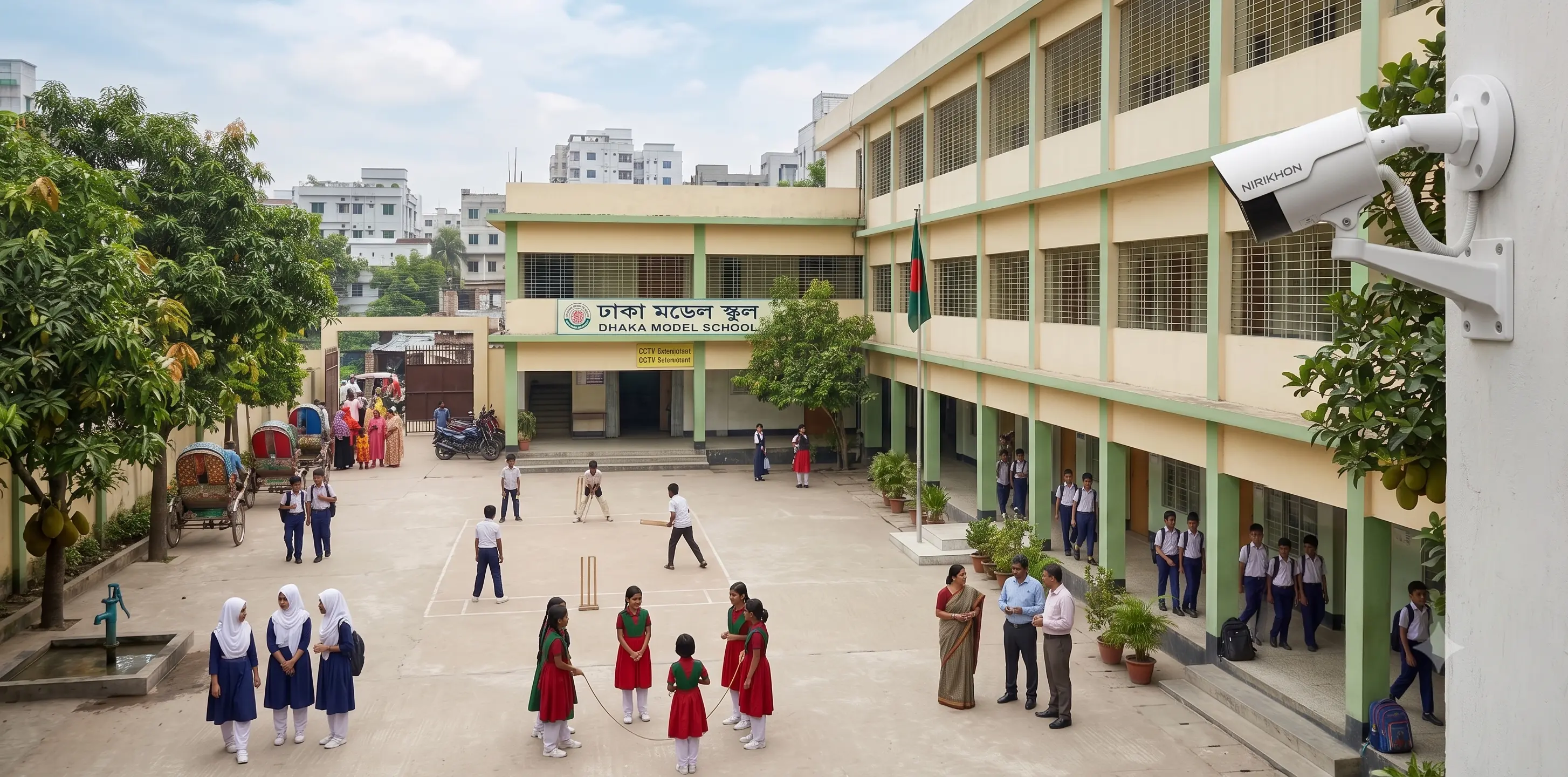 Nirikhon 5MP bullet IP camera monitoring students playing in a school campus yard