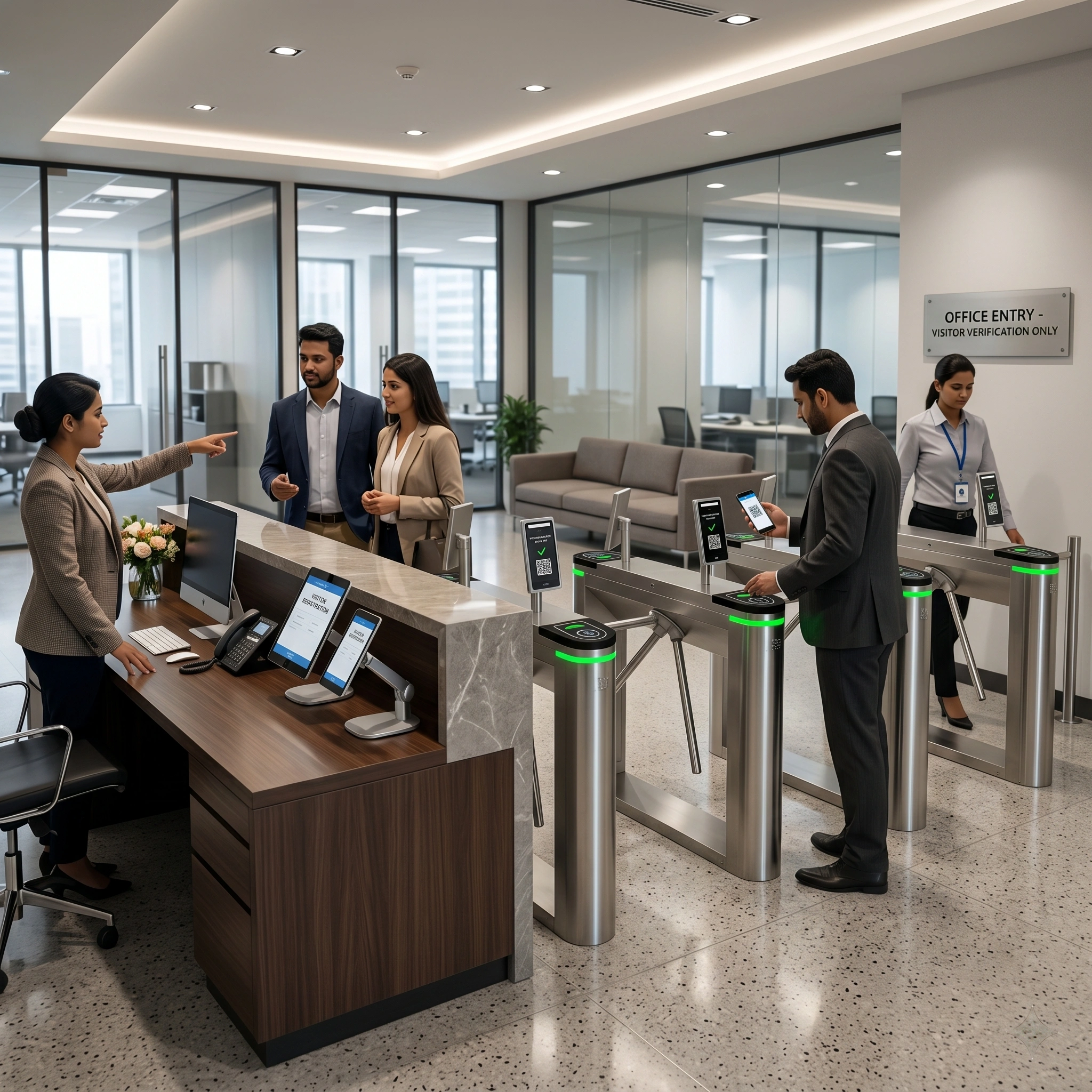 Professionals checking in with smartphones at an automatic tripod turnstile gate inside a corporate office reception area.